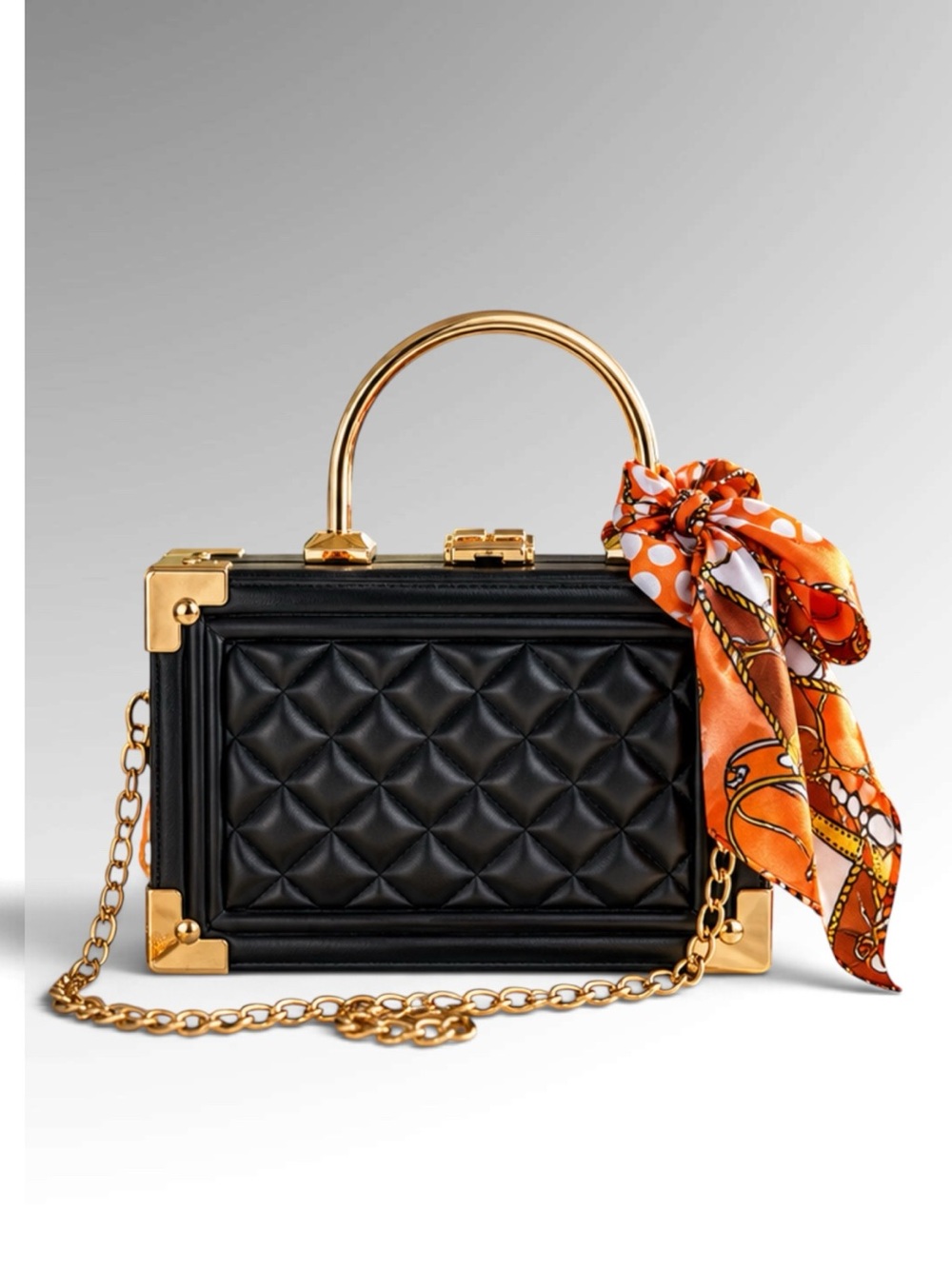 Black Quilted Box Bag Gold Chain Crossbody Top Handle Purse